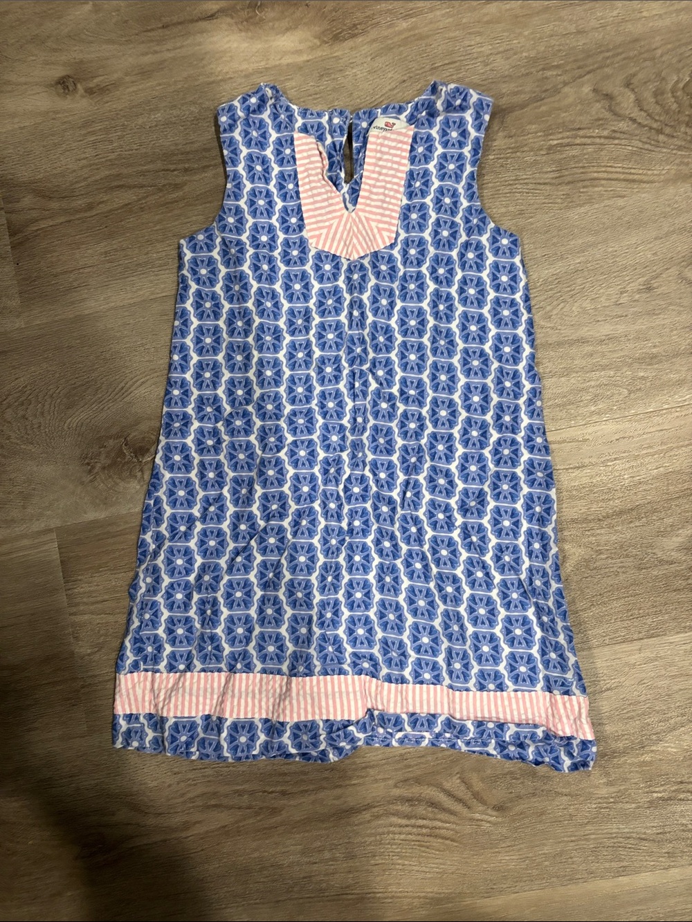 Vineyard Vines Blue Patterned Girls' Sleeveless Dress with Pink Trim